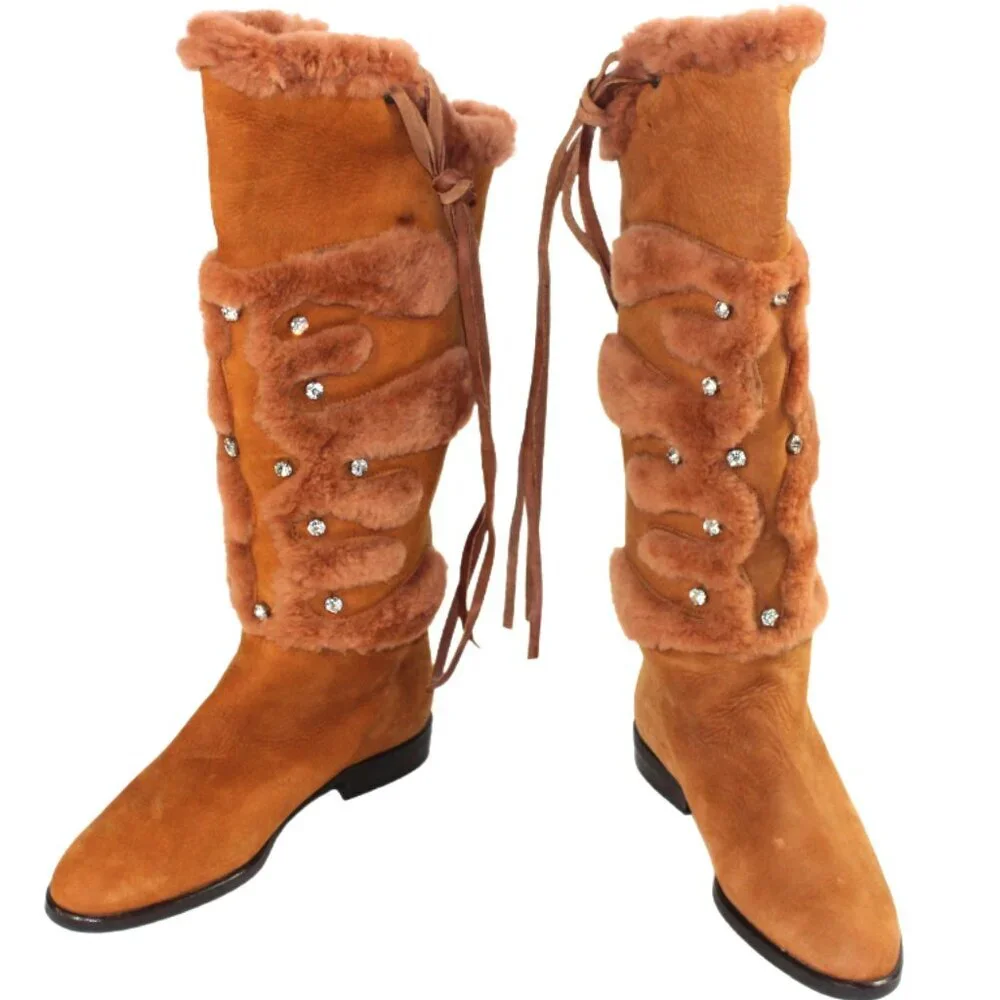 Russell & Bromley Rust Brown Leather Shearling Stud Accent Tall Boot, Size 36.5